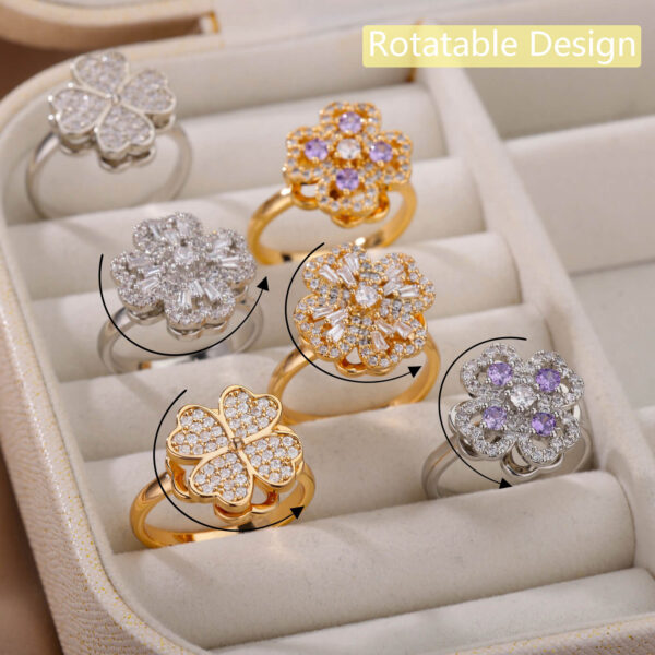 Rotatable Flower Rings With Rhinestones Ins Fashion Anti-anxiety Decompression Ring